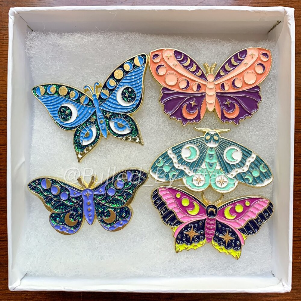 Colorful Mystic Butterfly & Moth 5-Piece Enamel Pin Set - Brand-New in Gift Box! - Picture 13 of 14